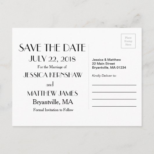 Zwart, wit & goud Bewaar de datum Art Deco Aankondigingskaart (Achterkant)