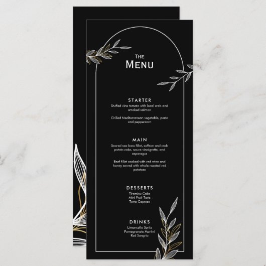 Zwart Wit Goud Blad Bruiloft Evenement Menu Platte (Voorkant / Achterkant)