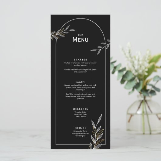 Zwart Wit Goud Blad Bruiloft Evenement Menu Platte (Staand voorkant)