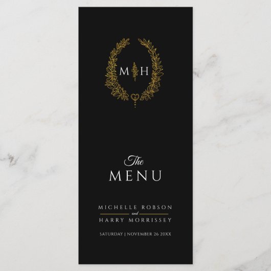 Zwart wit goud blad ovaal monogram bruiloft menu (Voorkant)