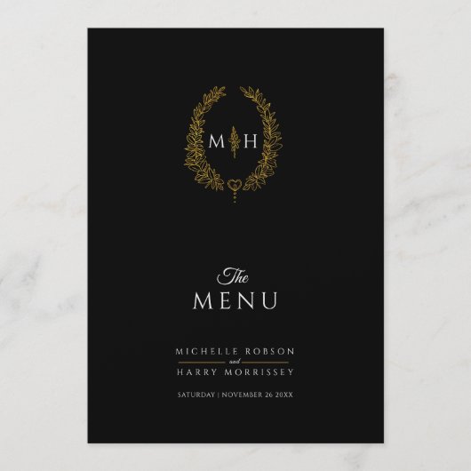 Zwart wit goud blad ovaal monogram bruiloft menu (Voorkant)