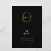 Zwart wit goud blad ovaal monogram bruiloft menu (Voorkant / Achterkant)
