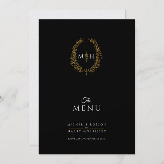 Zwart wit goud blad ovaal monogram bruiloft menu (Voorkant / Achterkant)
