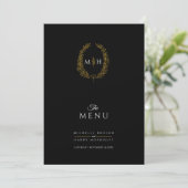 Zwart wit goud blad ovaal monogram bruiloft menu (Staand voorkant)
