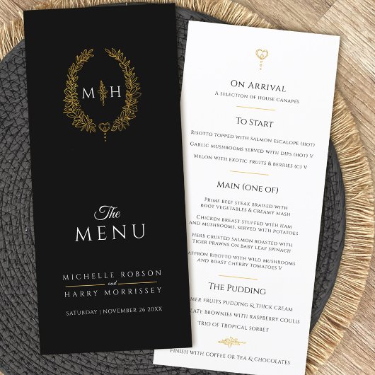 Zwart wit goud blad ovaal monogram bruiloft menu