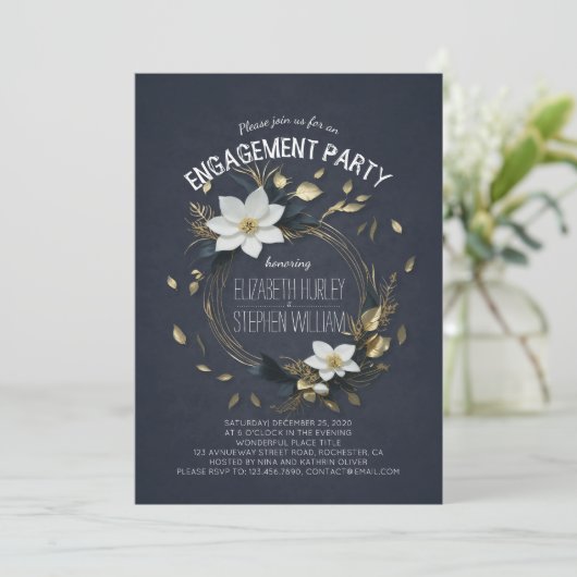 Zwart Wit & Goud Bloemen Bruiloft Verlovingsfeest Kaart (Staand voorkant)