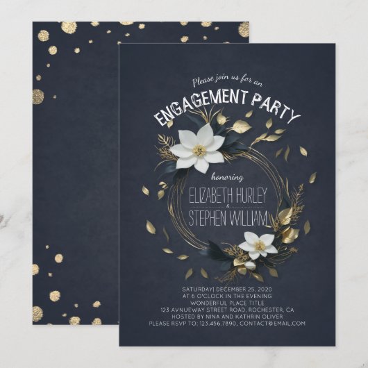 Zwart Wit & Goud Bloemen Bruiloft Verlovingsfeest Kaart (Voorkant / Achterkant)