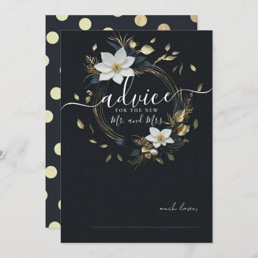 Zwart Wit Goud Bloemen Krans Bruiloft Advies Kaart (Voorkant / Achterkant)