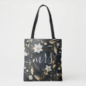 Zwart Wit & Goud Bloemen Krans Bruiloft Bruid Mrs Tote Bag (Voorkant)