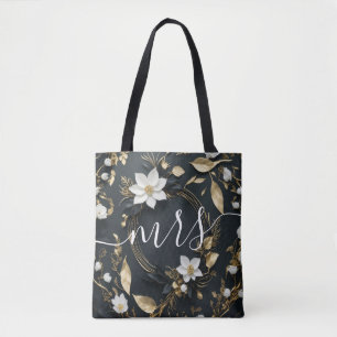 Zwart Wit & Goud Bloemen Krans Bruiloft Bruid Mrs Tote Bag