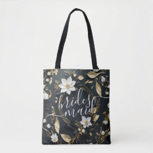 Zwart Wit Goud Bloemen Krans Bruiloft Bruidsmeisje Tote Bag
