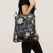 Zwart Wit Goud Bloemen Krans Bruiloft Bruidsmeisje Tote Bag (Dichtbij)