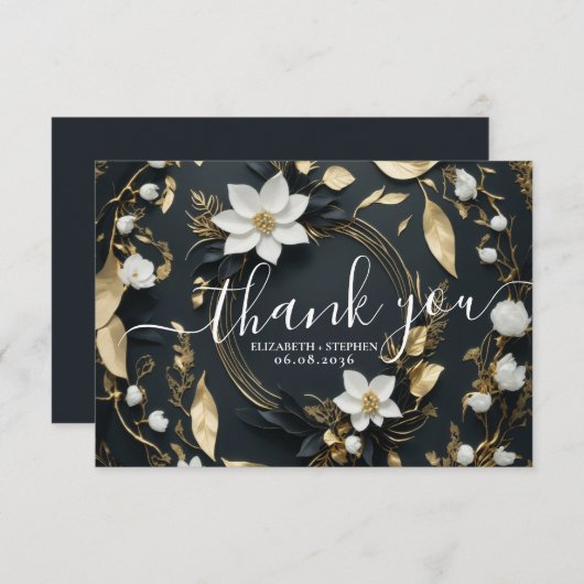 Zwart Wit Goud Bloemen Krans Bruiloft Dank u Bedankkaart (Voorkant / Achterkant)