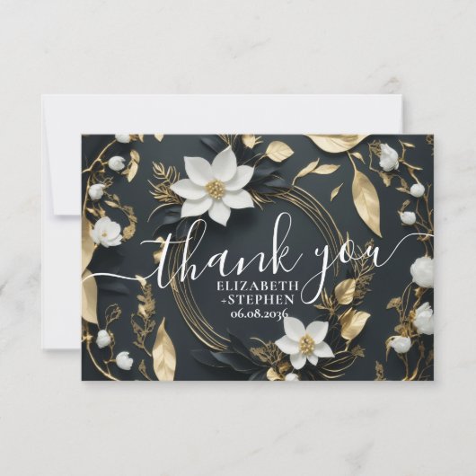 Zwart Wit Goud Bloemen Krans Bruiloft Dank u Bedankkaart (Voorkant)