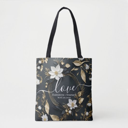 Zwart Wit Goud Bloemen Krans Bruiloft Dank u Tote Bag (Voorkant)