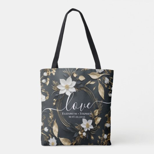 Zwart Wit Goud Bloemen Krans Bruiloft Dank u Tote Bag (Achterkant)