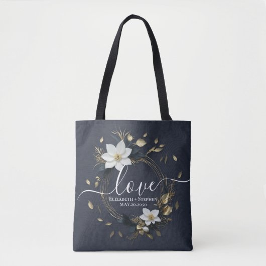 Zwart Wit Goud Bloemen Krans Bruiloft Dank u Tote Bag (Voorkant)