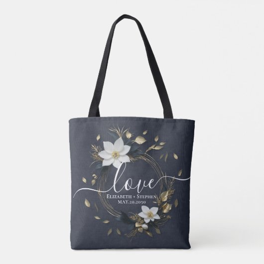 Zwart Wit Goud Bloemen Krans Bruiloft Dank u Tote Bag (Achterkant)
