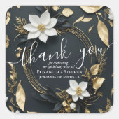 Zwart Wit & Goud Bloemen Krans Bruiloft Dank u Vierkante Sticker (Voorkant)
