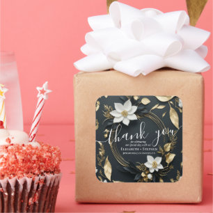 Zwart Wit & Goud Bloemen Krans Bruiloft Dank u Vierkante Sticker