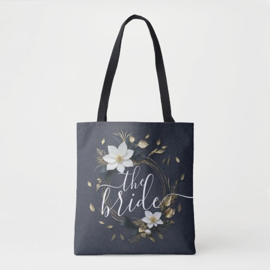 Zwart Wit & Goud Bloemen Krans Bruiloft De Bruid Tote Bag (Voorkant)