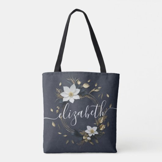 Zwart Wit & Goud Bloemen Krans Bruiloft De Bruid Tote Bag (Achterkant)
