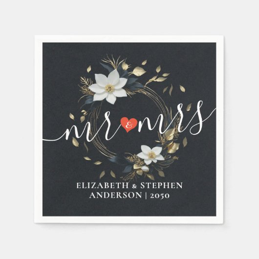 Zwart Wit Goud Bloemen Krans Bruiloft Liefde Bedan Servet (Voorkant)