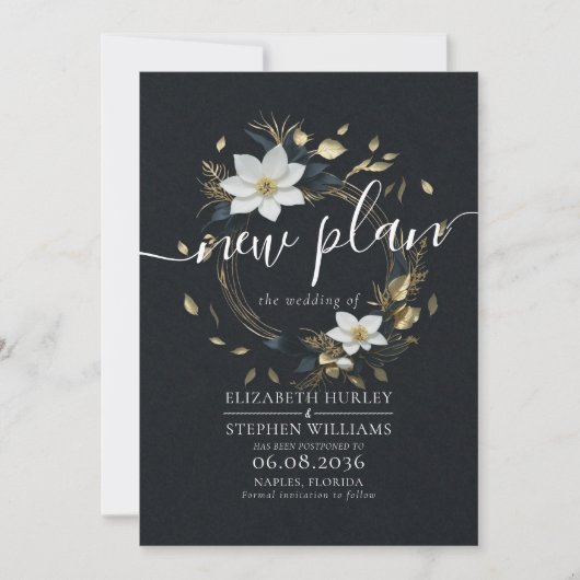 Zwart Wit Goud Bloemen Krans Bruiloft uitgesteld Save The Date (Voorkant)