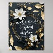 Zwart Wit Goud Bloemen Krans Bruiloft Welkom Poster (Voorkant)