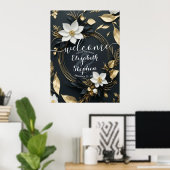 Zwart Wit Goud Bloemen Krans Bruiloft Welkom Poster (Thuiskantoor)