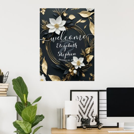 Zwart Wit Goud Bloemen Krans Bruiloft Welkom Poster (Thuiskantoor)