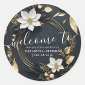 Zwart Wit Goud Bloemen Krans Bruiloft Welkom Ronde Sticker (Voorkant)