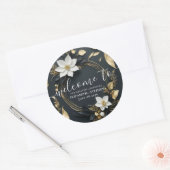 Zwart Wit Goud Bloemen Krans Bruiloft Welkom Ronde Sticker (Envelop)