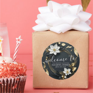 Zwart Wit Goud Bloemen Krans Bruiloft Welkom Ronde Sticker