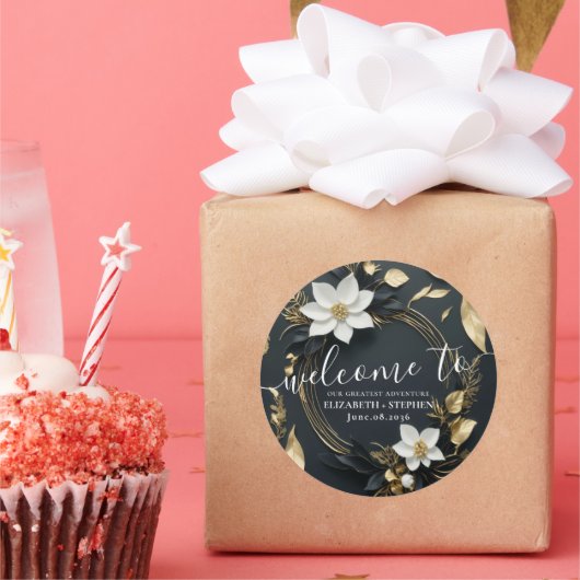 Zwart Wit Goud Bloemen Krans Bruiloft Welkom Ronde Sticker (Feest)