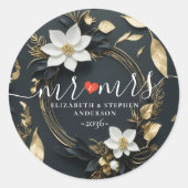 Zwart Wit Goud Bloemen Krans Bruiloft Welkom Ronde Sticker (Voorkant)