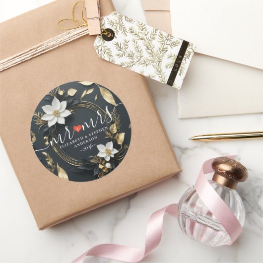 Zwart Wit Goud Bloemen Krans Bruiloft Welkom Ronde Sticker (Geschenken)