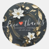 Zwart Wit Goud Bloemen Krans Bruiloft Welkom Ronde Sticker (Voorkant)