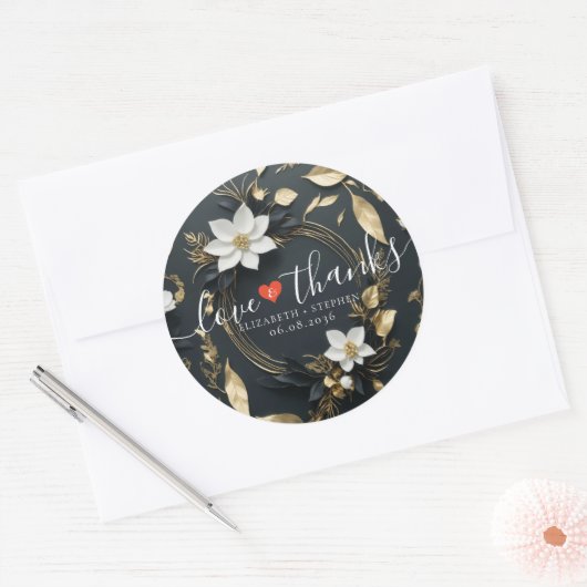Zwart Wit Goud Bloemen Krans Bruiloft Welkom Ronde Sticker (Envelop)