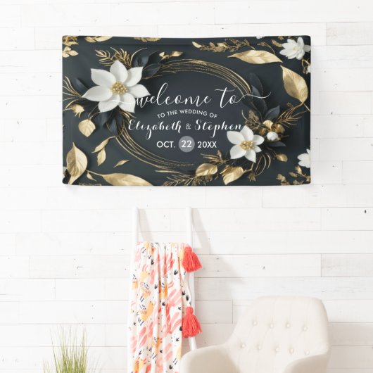 Zwart Wit Goud Bloemen Krans Bruiloft Welkom Spandoek (Insitu)