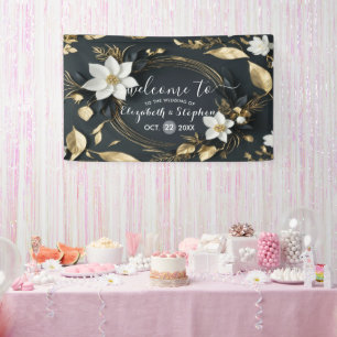 Zwart Wit Goud Bloemen Krans Bruiloft Welkom Spandoek