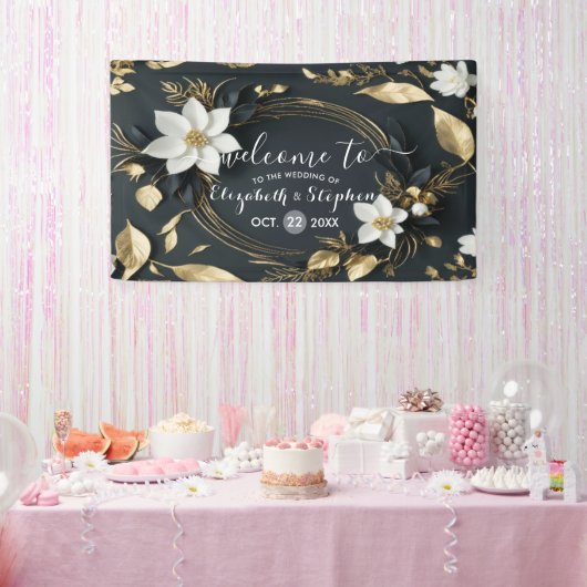 Zwart Wit Goud Bloemen Krans Bruiloft Welkom Spandoek (Feest)