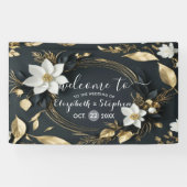 Zwart Wit Goud Bloemen Krans Bruiloft Welkom Spandoek (Horizontaal)
