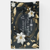 Zwart Wit Goud Bloemen Krans Bruiloft Welkom Spandoek (Verticaal)