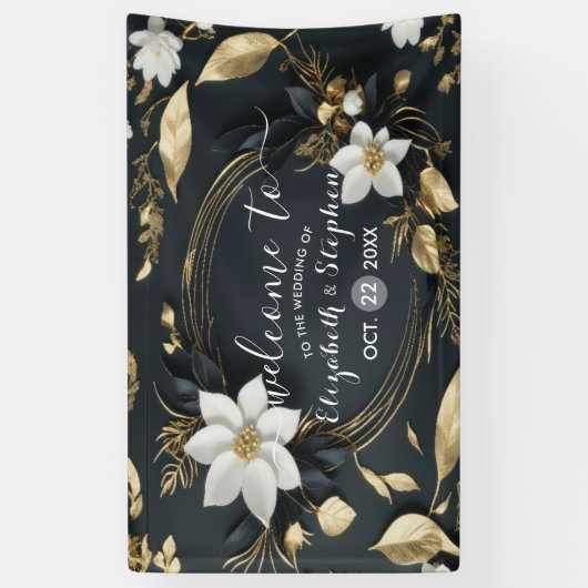 Zwart Wit Goud Bloemen Krans Bruiloft Welkom Spandoek (Verticaal)