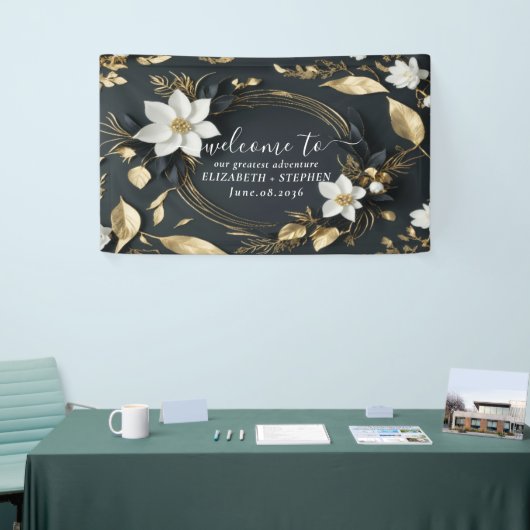 Zwart Wit Goud Bloemen Krans Bruiloft Welkom Spandoek (Beurs)