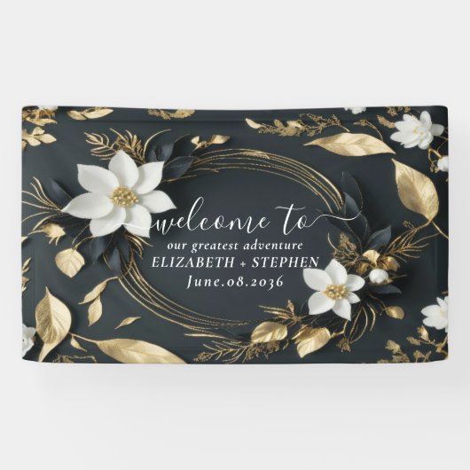 Zwart Wit Goud Bloemen Krans Bruiloft Welkom Spandoek (Horizontaal)