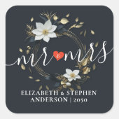 Zwart Wit Goud Bloemen Krans Bruiloft Welkom Vierkante Sticker (Voorkant)