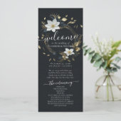 Zwart Wit Goud Bloemen Krans Trouwprogramma Programmakaart (Staand voorkant)
