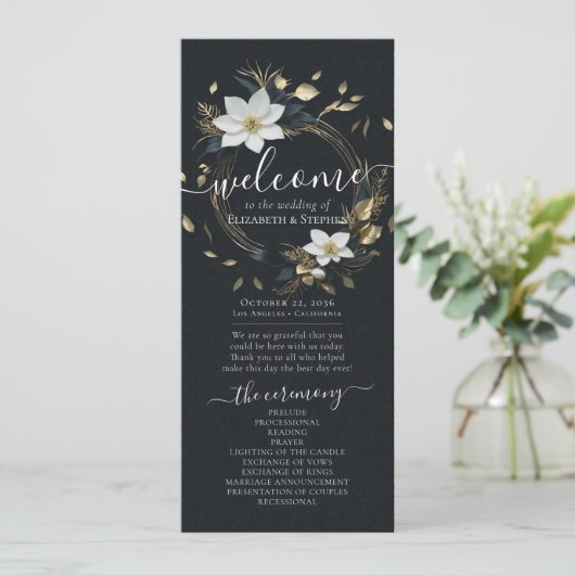 Zwart Wit Goud Bloemen Krans Trouwprogramma Programmakaart (Staand voorkant)